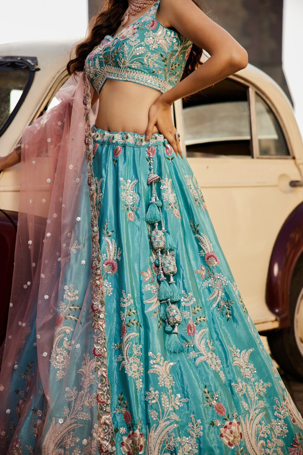 Satin Silk Lehenga Choli & Dupatta with Sequins Embroidery
