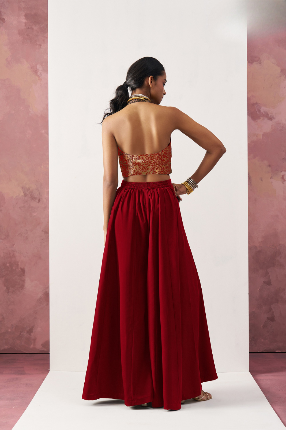 Red Jacquard Indo-Western Skirt Suit with Stylish Waistcoat