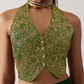 Elegant Green And Gold Jacquard Crop Top Set In Art Silk