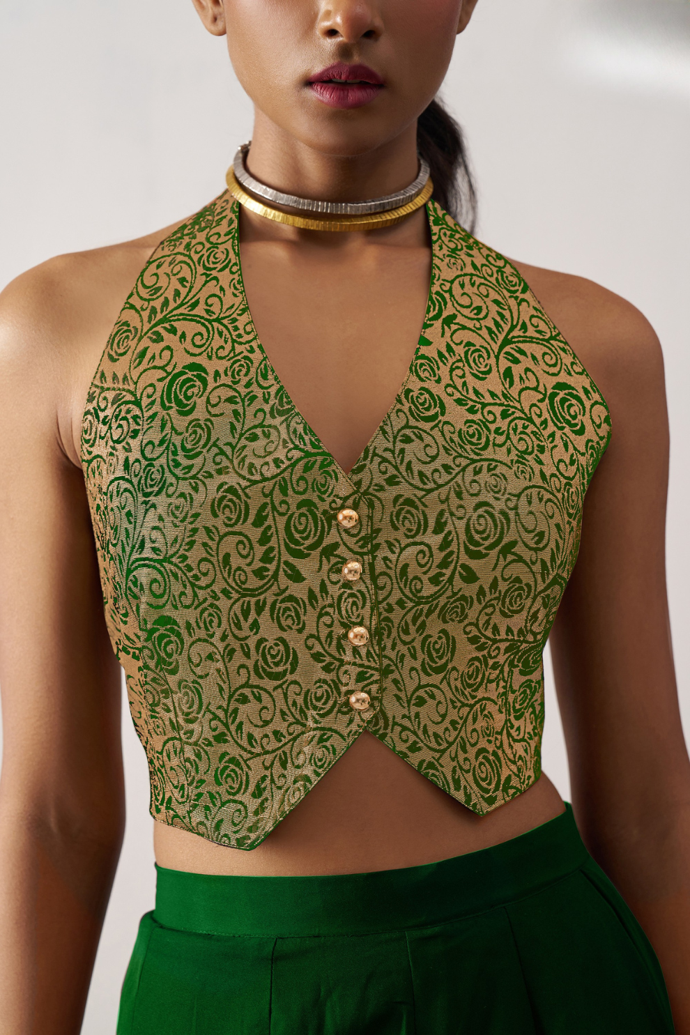 Elegant Green And Gold Jacquard Crop Top Set In Art Silk
