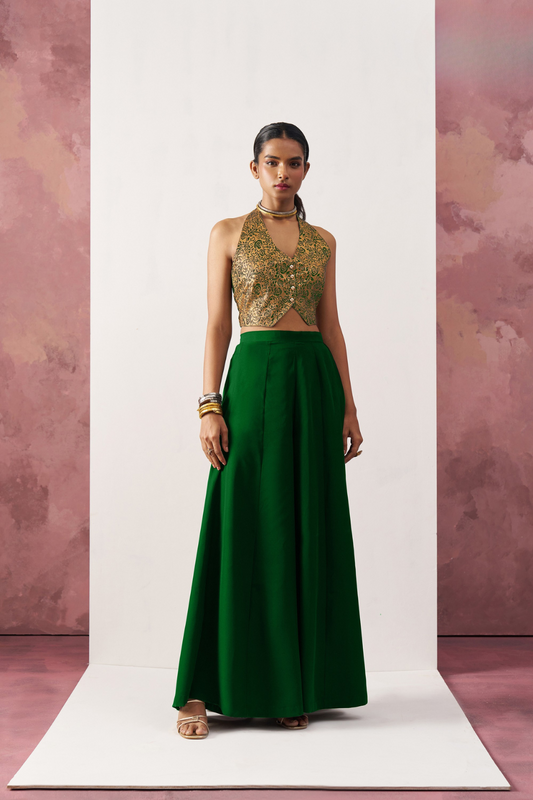 Elegant Green And Gold Jacquard Crop Top Set In Art Silk