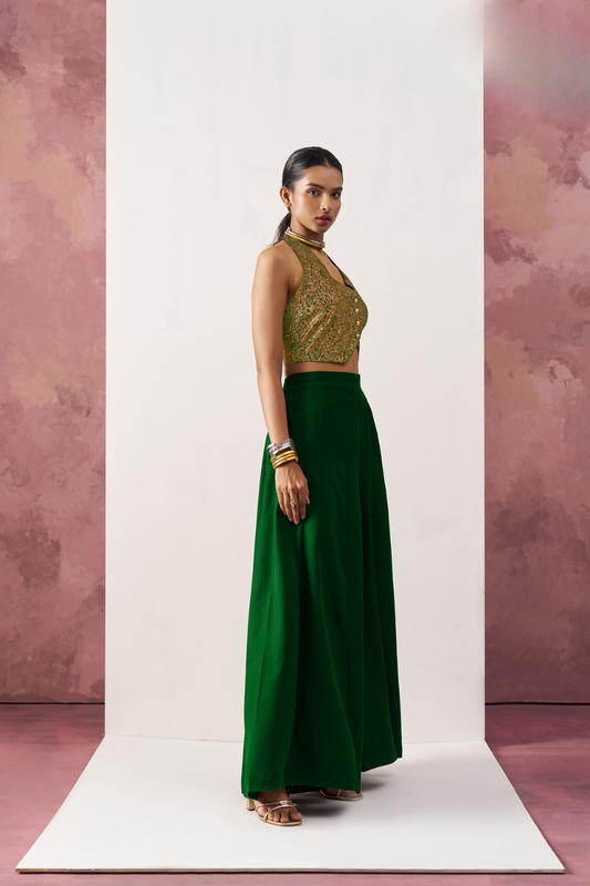Elegant Green And Gold Jacquard Crop Top Set In Art Silk