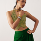 Elegant Green And Gold Jacquard Crop Top Set In Art Silk