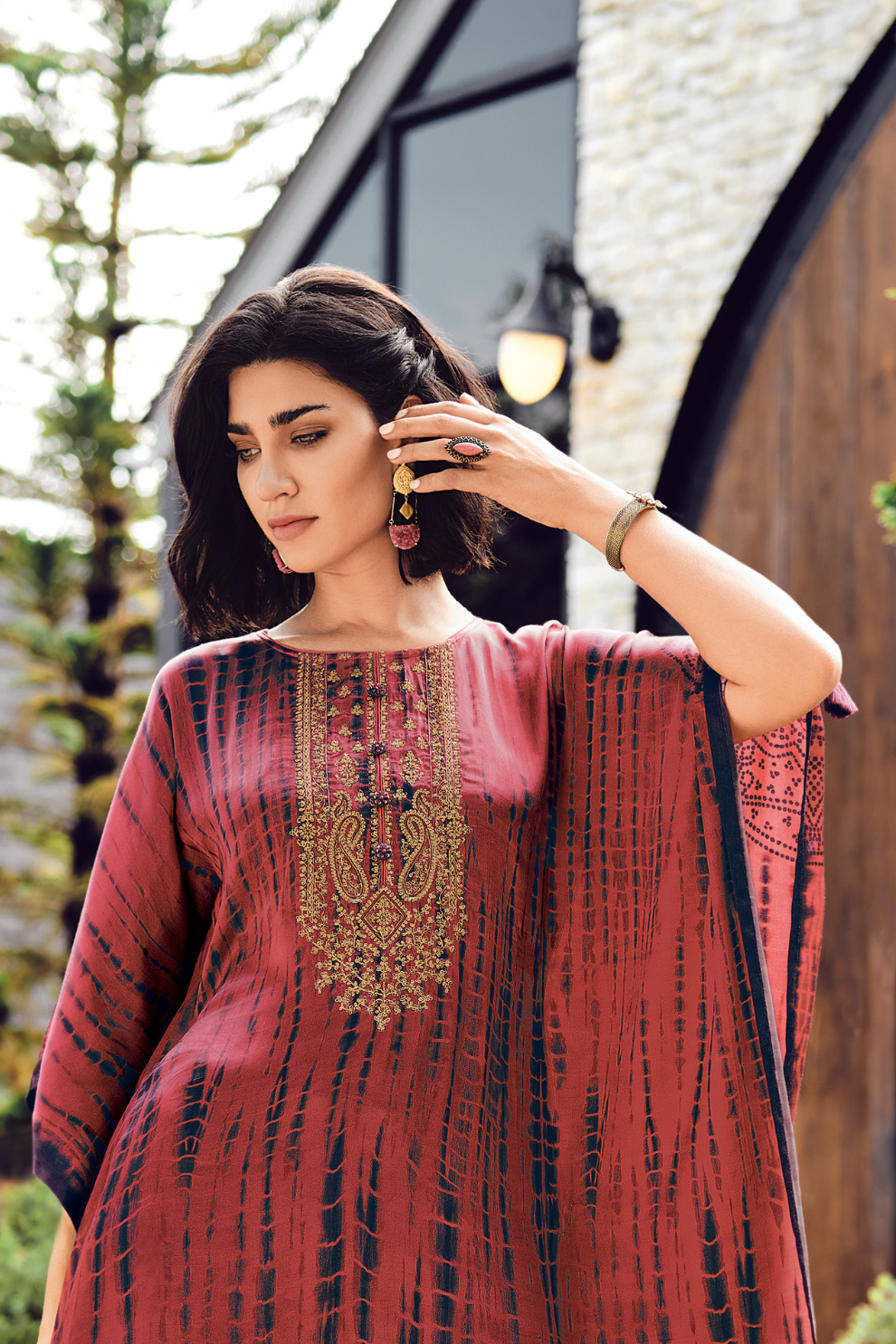 Elegant Shibori Pattern Viscose Kaftan with Pants