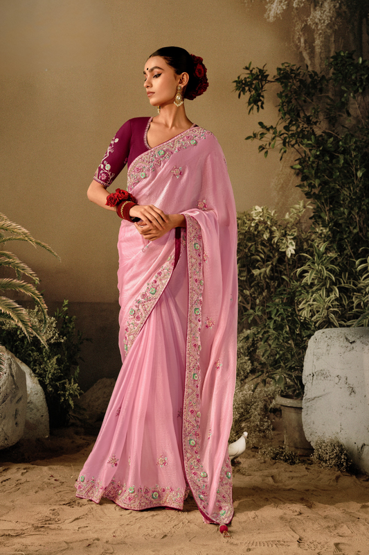 Classic Embroidered Silk Wedding Saree with Matching Blouse Piece