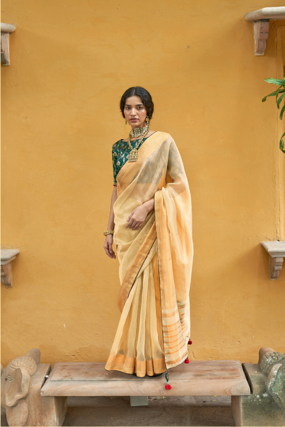 Yellow Soft Tissue Organza Saree with Delicate Border Detailing and Elegant Piping