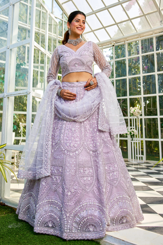 Graceful Net Lehenga Choli Ensemble with Beads
