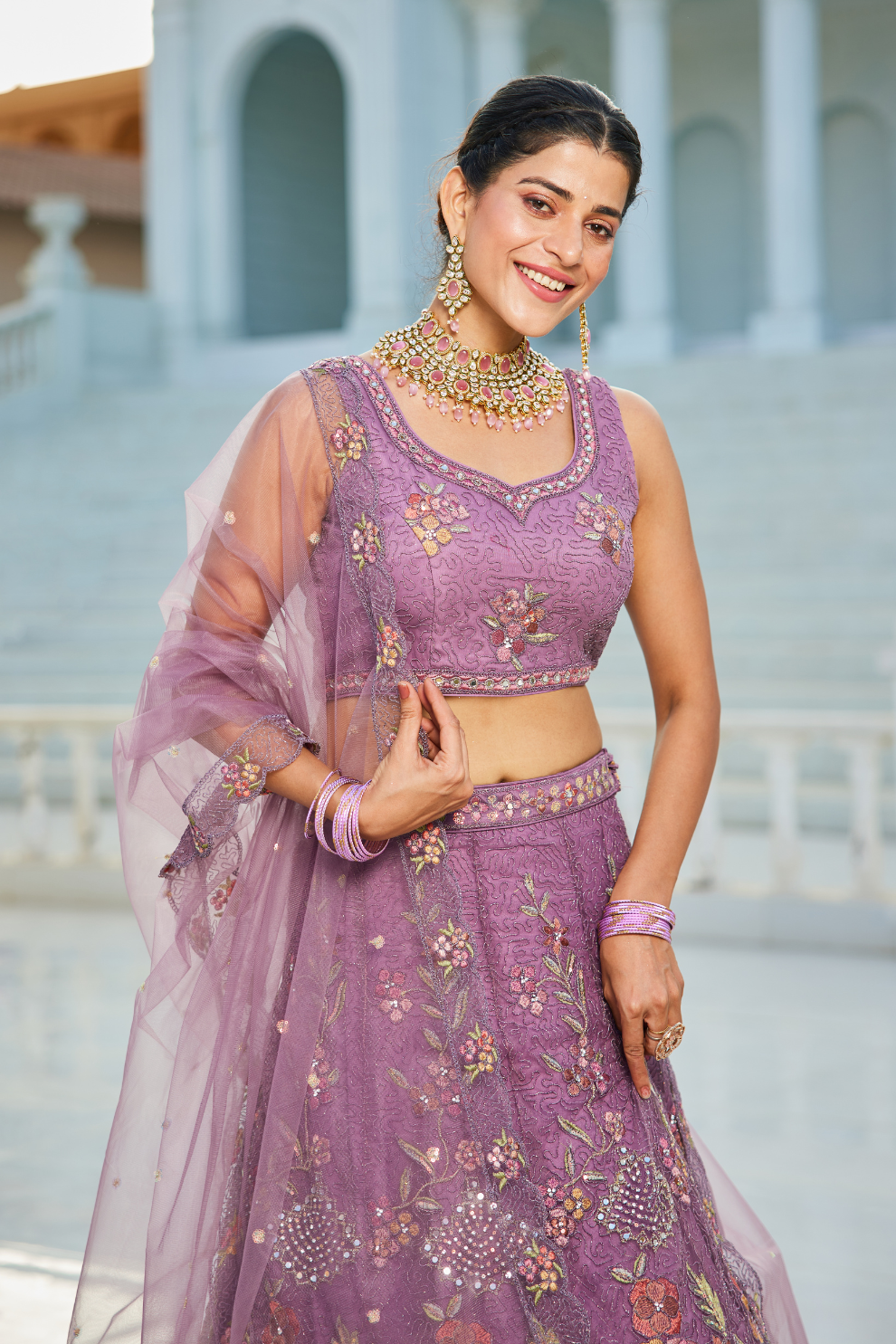 Designer Net Lehenga Choli & Dupatta with Handcrafted Coding