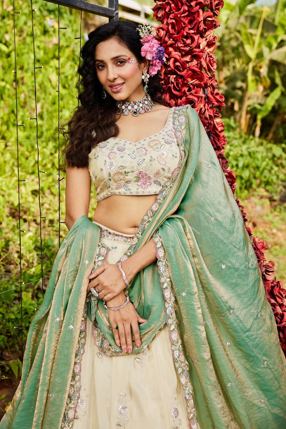 Tissue Semi-Stitched Lehenga Choli with Sequins and Thread Embroidery with Dupatta