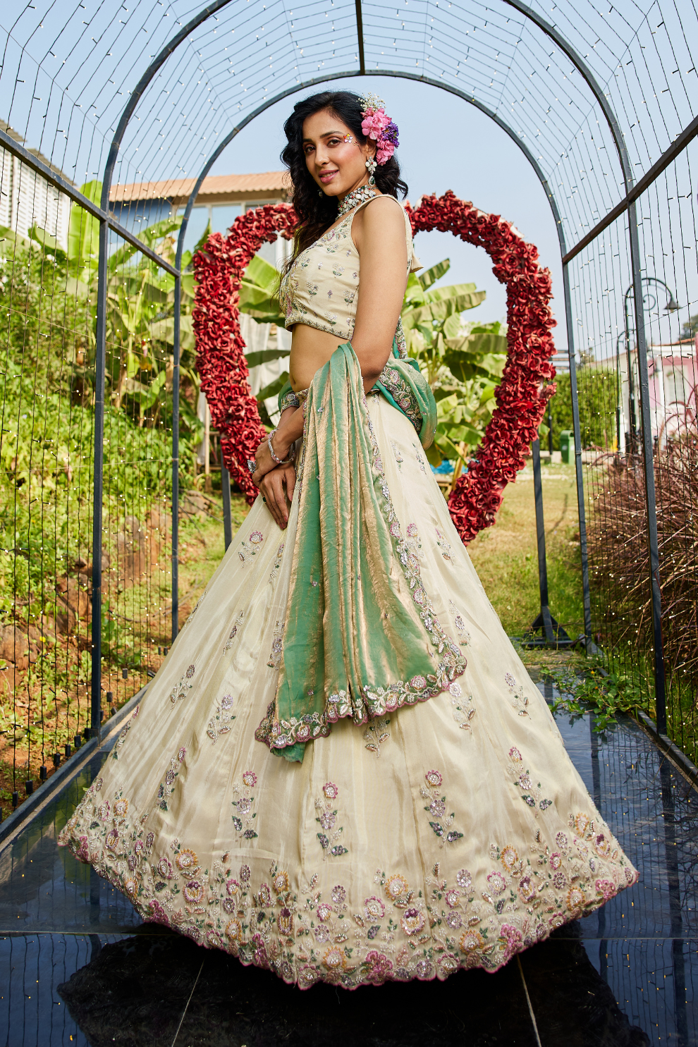 Tissue Semi-Stitched Lehenga Choli with Sequins and Thread Embroidery with Dupatta