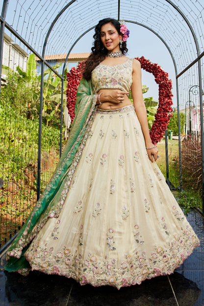 Tissue Semi-Stitched Lehenga Choli with Sequins and Thread Embroidery with Dupatta