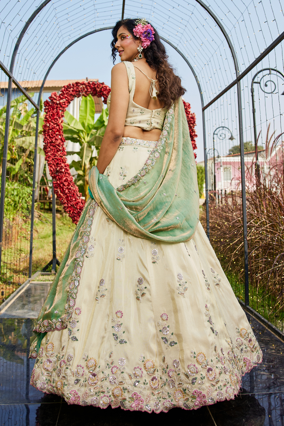 Tissue Semi-Stitched Lehenga Choli with Sequins and Thread Embroidery with Dupatta
