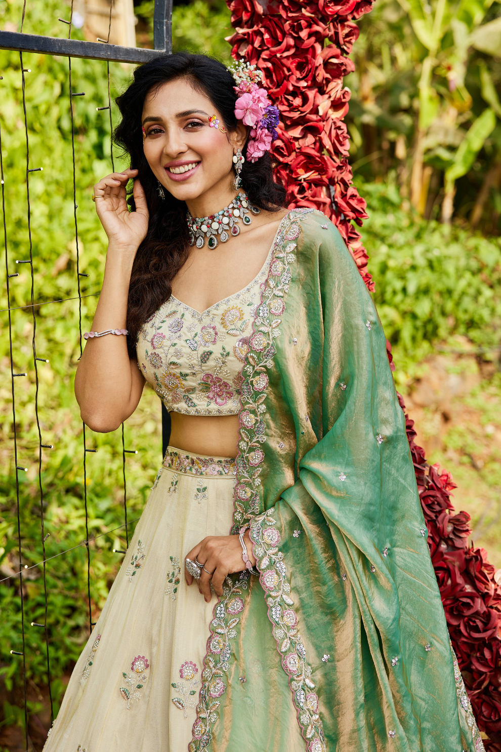 Tissue Semi-Stitched Lehenga Choli with Sequins and Thread Embroidery with Dupatta