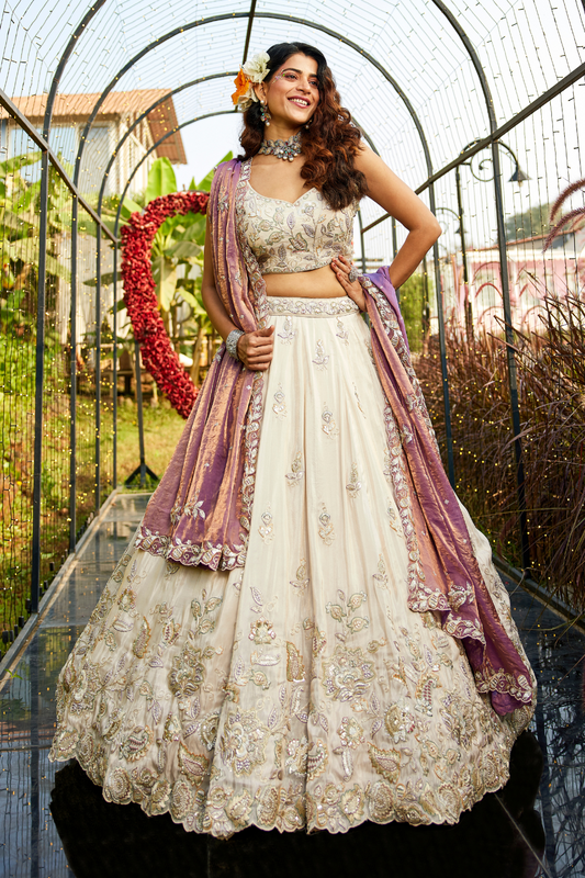 Elegant Tissue Lehenga Choli with Sequins and Thread Embroidery and Matching Dupatta