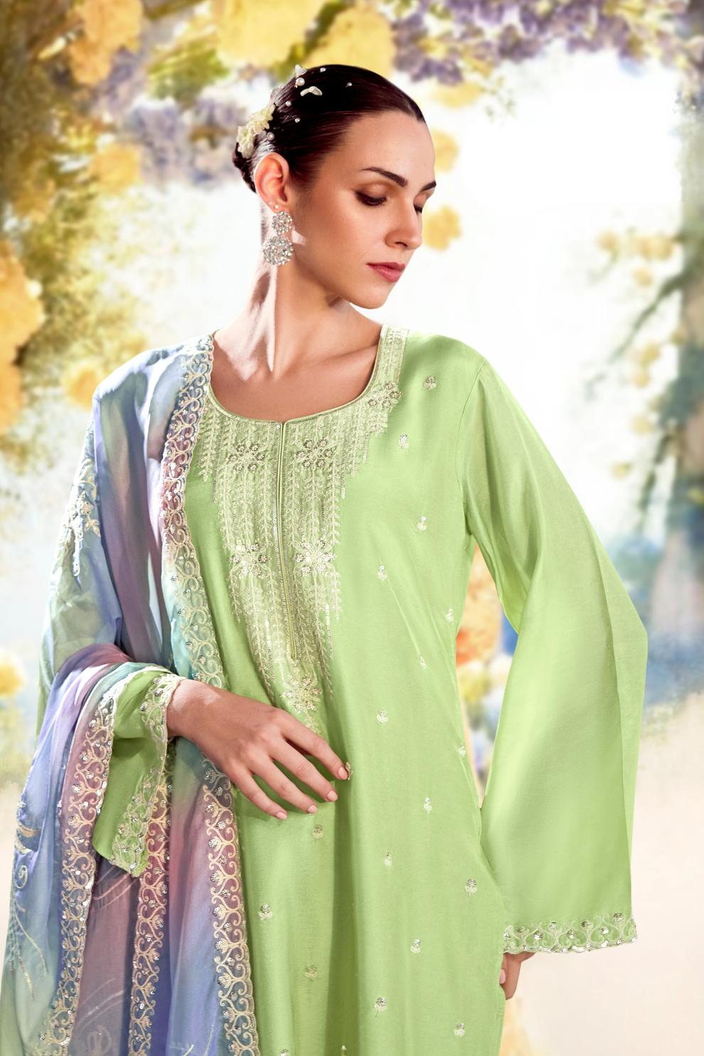 Silk Lilac Party Wear Straight Salwar Suit with Embroidery Work