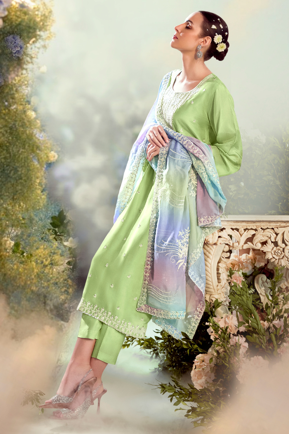 Silk Lilac Party Wear Straight Salwar Suit with Embroidery Work