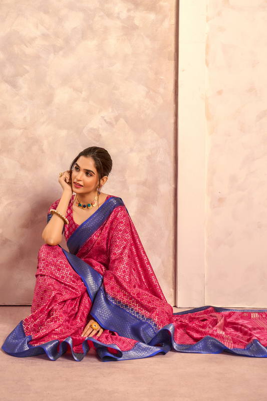 Soft Dola Saree with Foil Print and Contrast Jacquard Border - LaVante Fashion