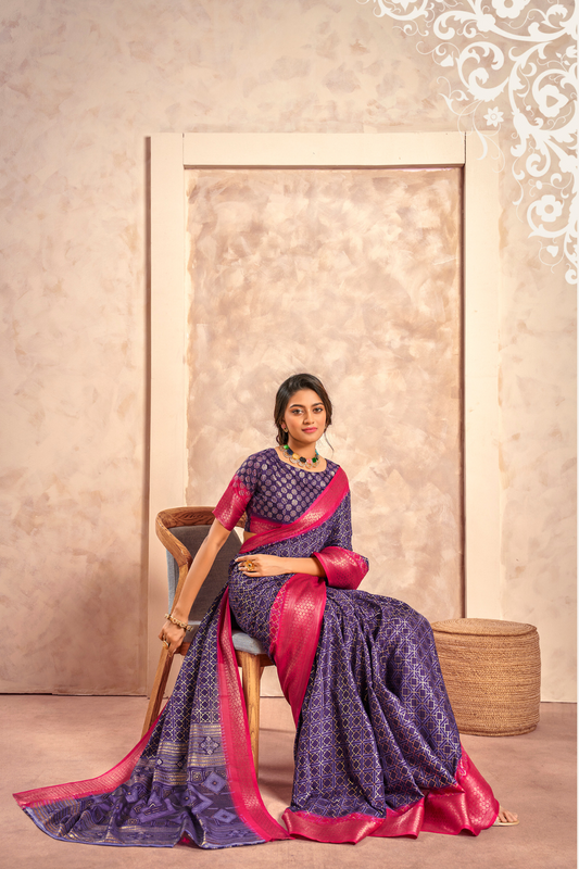 Soft Dola Saree with Foil Print and Contrast Jacquard Border - LaVante Fashion
