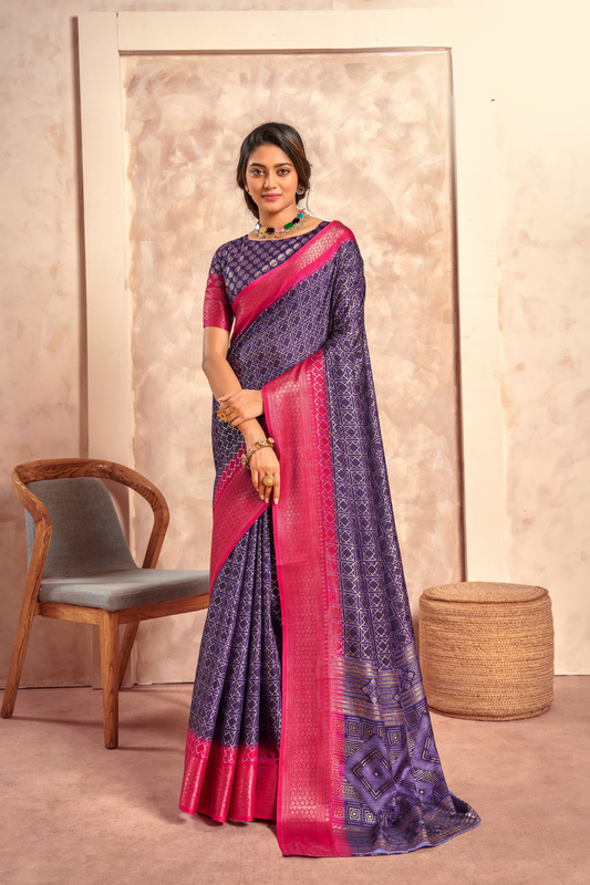 Soft Dola Saree with Foil Print and Contrast Jacquard Border - LaVante Fashion