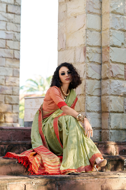 100% Pure Handloom Katan Silk Saree with Traditional Weaving - LaVante Fashion