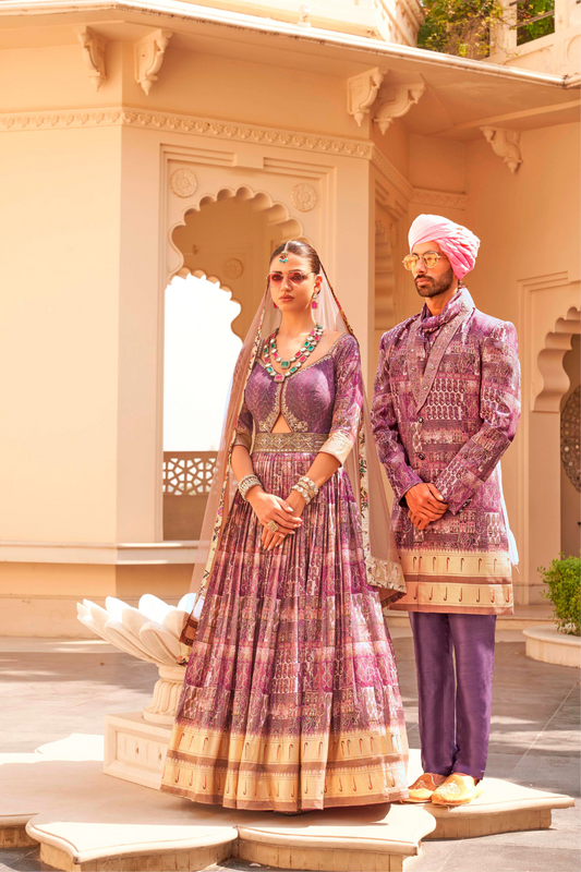 Plum Printed Anarkali Dress & Men's Kurta-Coat Set – Couple Outfit - LaVante Fashion
