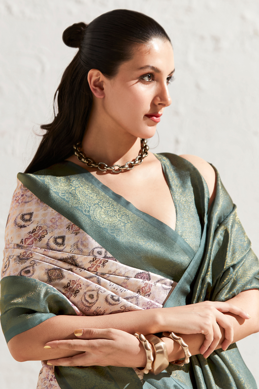 Designer Digital Printed Banarasi Slik Saree in Elegant Aqua Blue