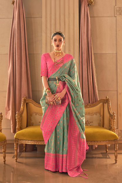 Ethnic Motifs Woven Design Zari Silk Blend Banarasi Saree