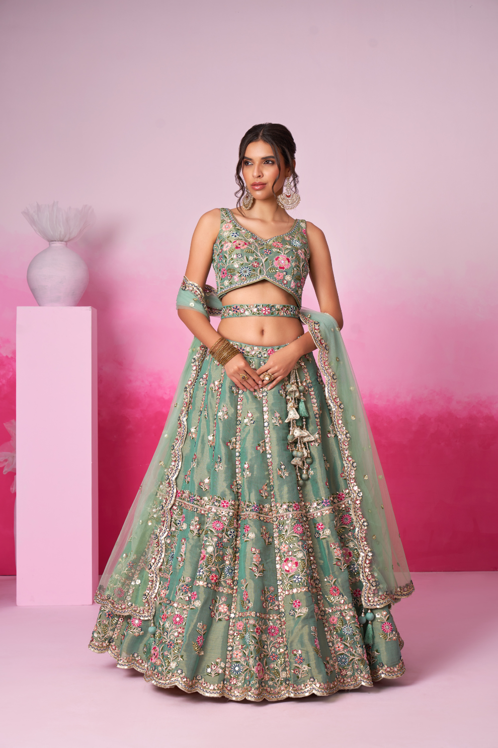 Bridal Net Moti And Sequins Embroidery Lehenga Choli Dupatta