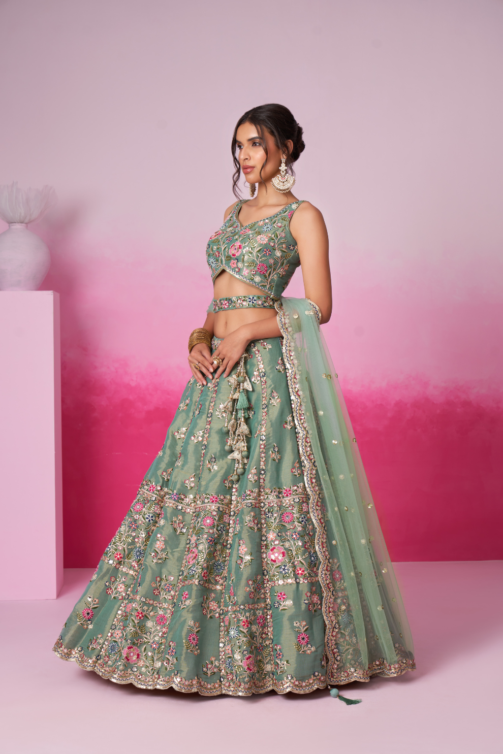 Bridal Net Moti And Sequins Embroidery Lehenga Choli Dupatta