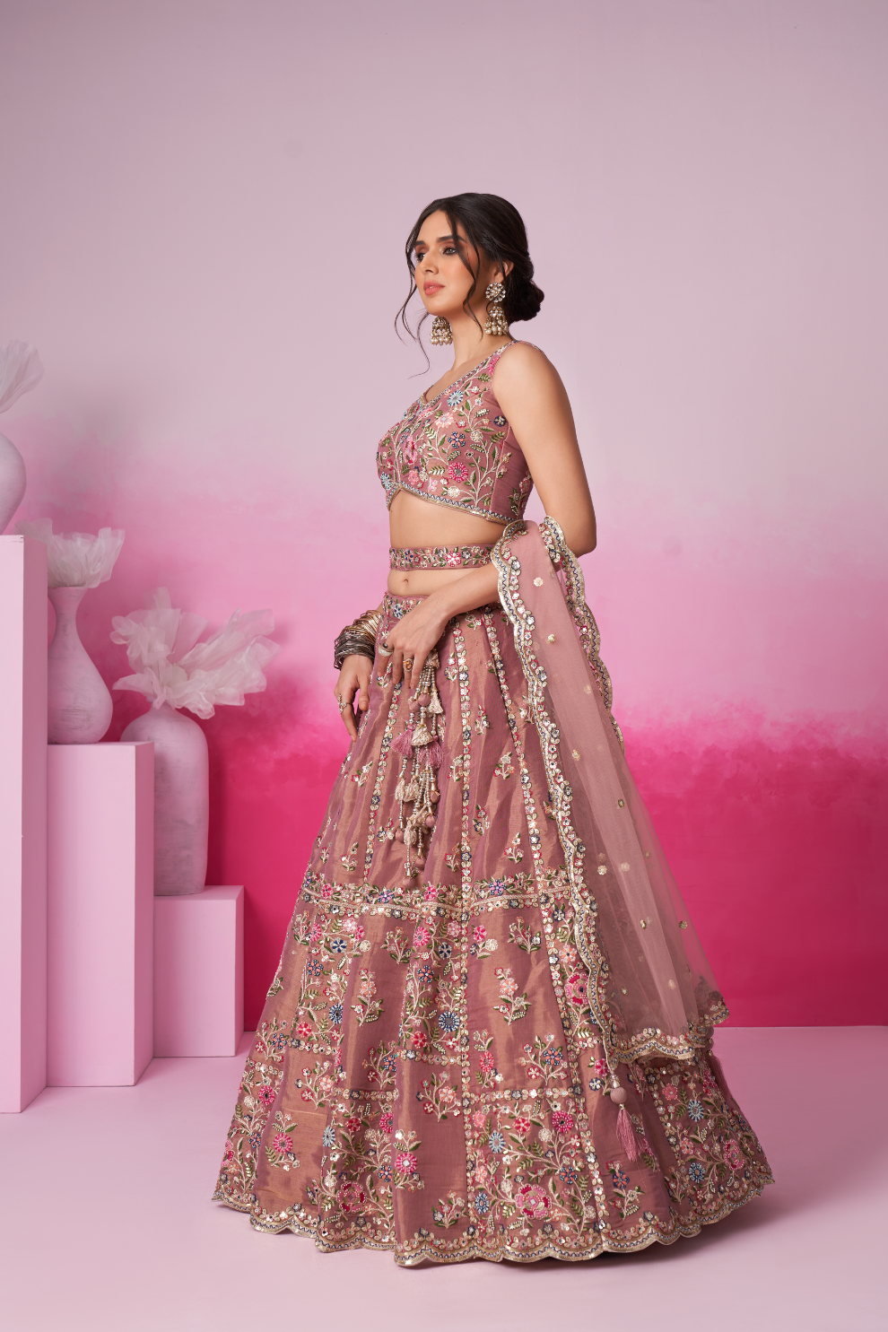 Bridal Net Moti And Sequins Embroidery Lehenga Choli Dupatta