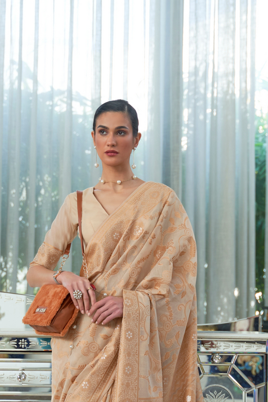 Classic Lucknowi Saree with Elegant Chikankari Silk Weaving Touch