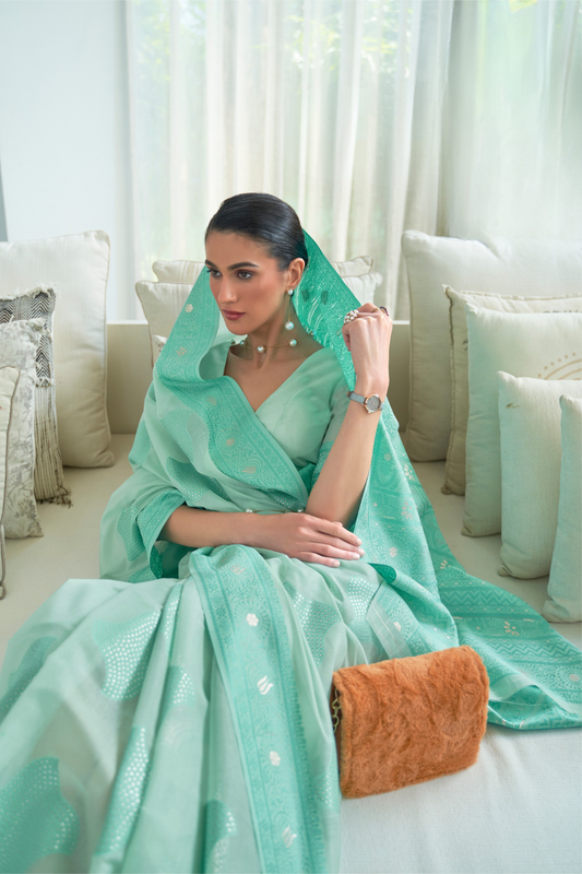 Classic Lucknowi Saree with Elegant Chikankari Silk Weaving Touch