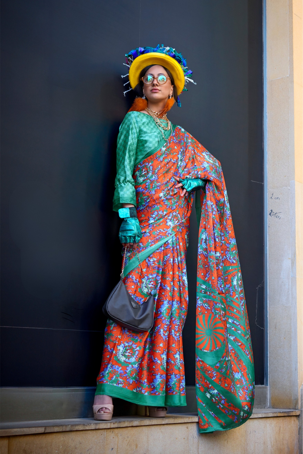 Contemporary Print Satin Crepe Saree with Chic Glossy Drape