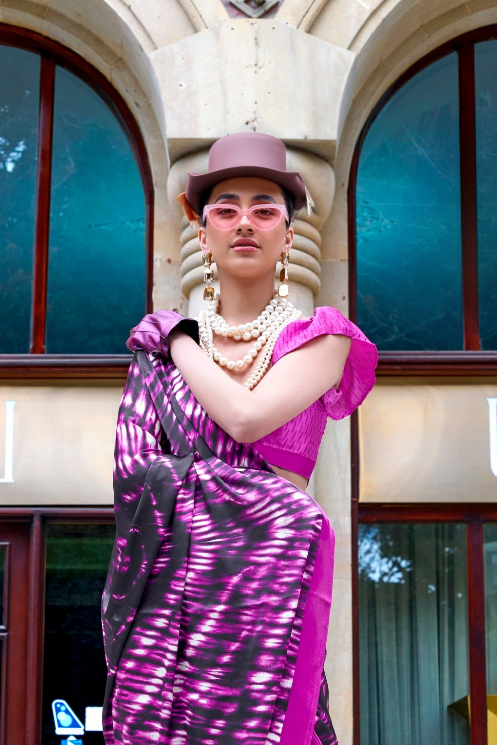 Contemporary Print Satin Crepe Saree with Chic Glossy Drape