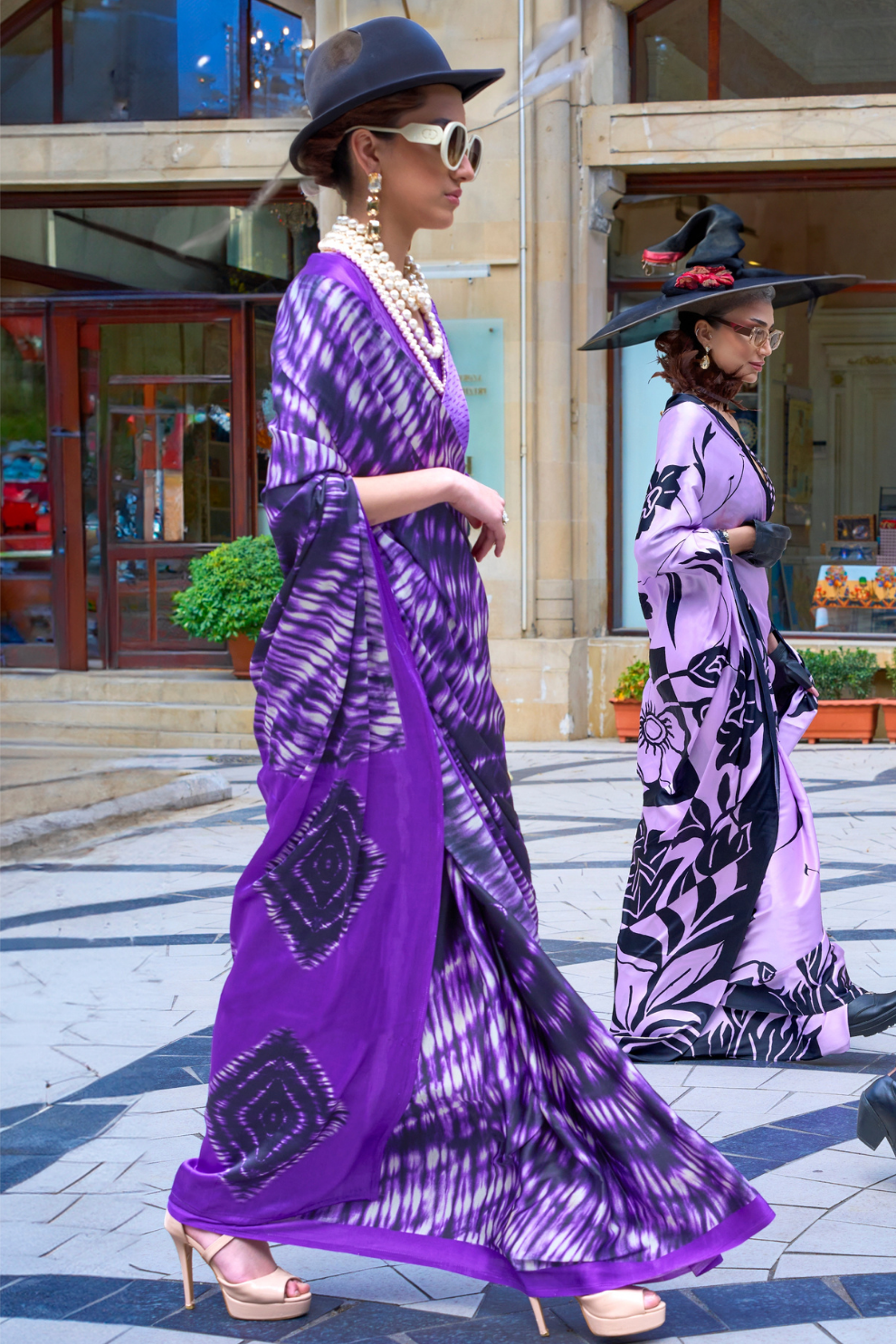 Contemporary Print Satin Crepe Saree with Chic Glossy Drape