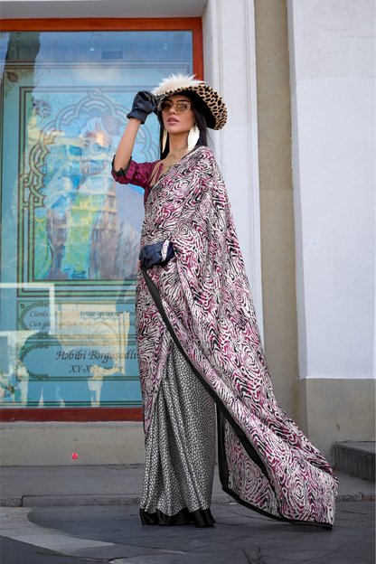 Contemporary Print Satin Crepe Saree with Chic Glossy Drape