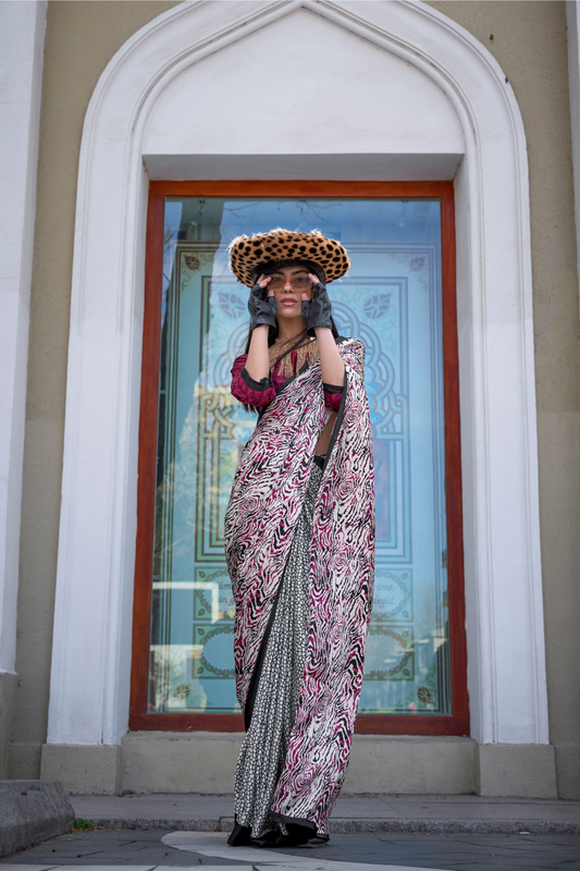 Contemporary Print Satin Crepe Saree with Chic Glossy Drape