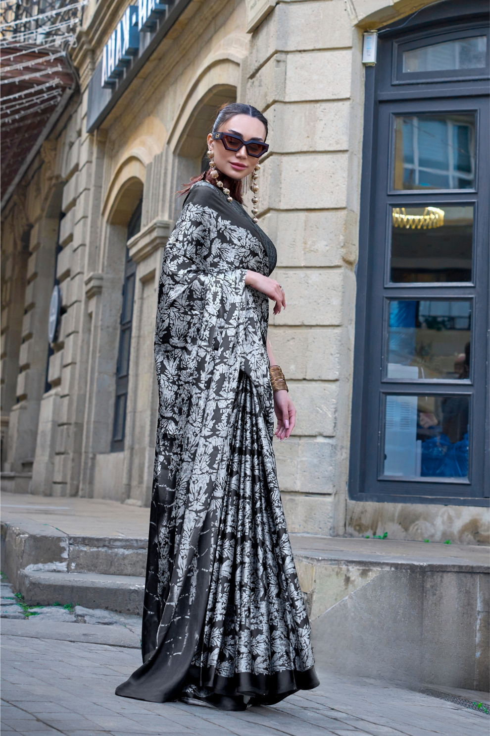 Contemporary Print Satin Crepe Saree with Chic Glossy Drape