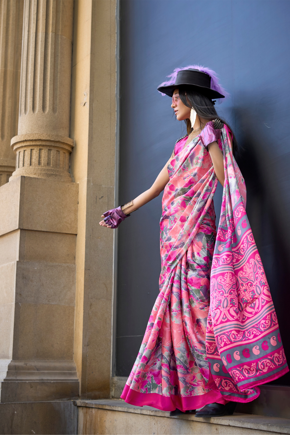 Contemporary Print Satin Crepe Saree with Chic Glossy Drape