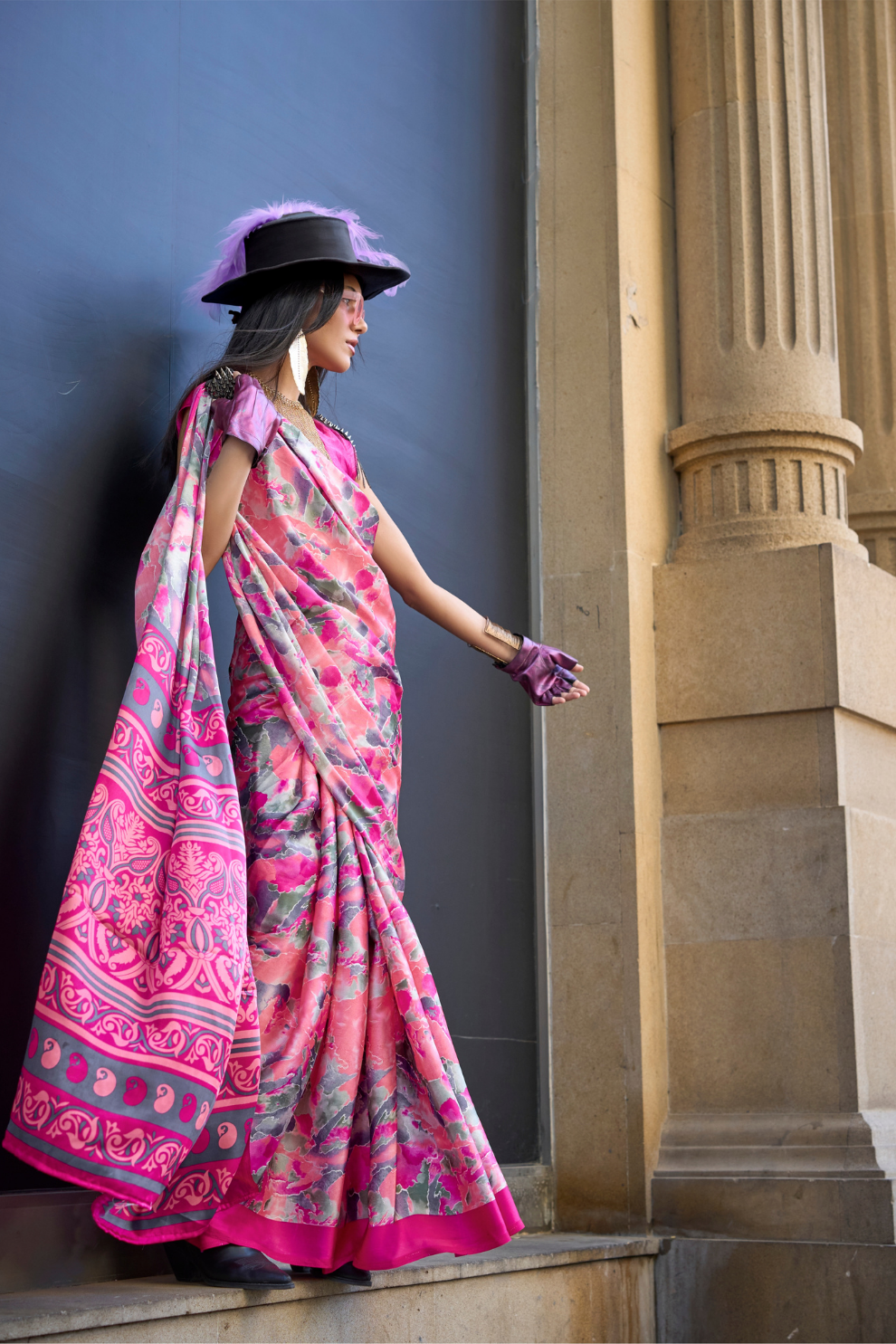 Contemporary Print Satin Crepe Saree with Chic Glossy Drape