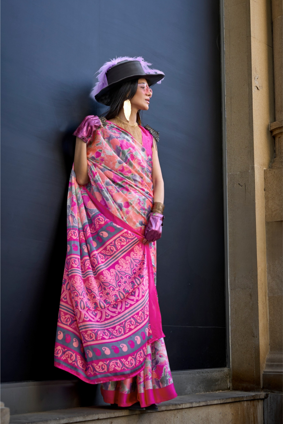 Contemporary Print Satin Crepe Saree with Chic Glossy Drape