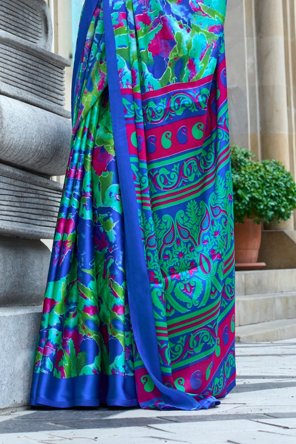 Contemporary Print Satin Crepe Saree with Chic Glossy Drape