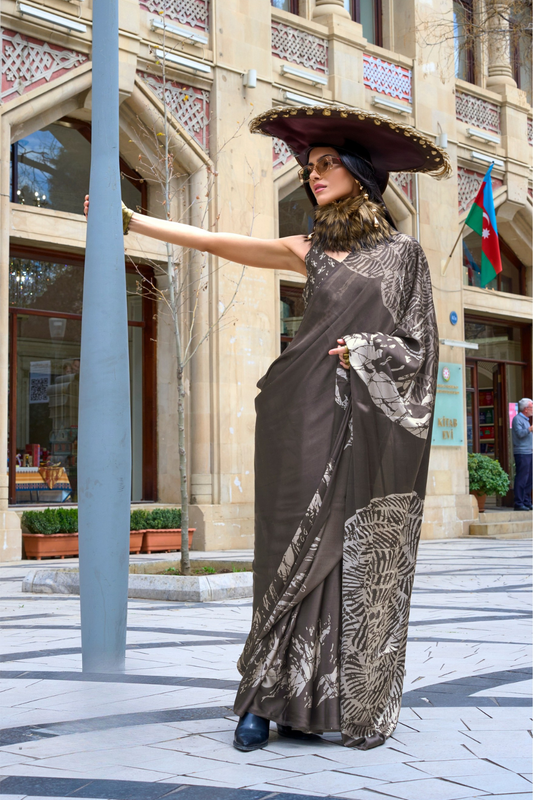 Contemporary Print Satin Crepe Saree with Chic Glossy Drape