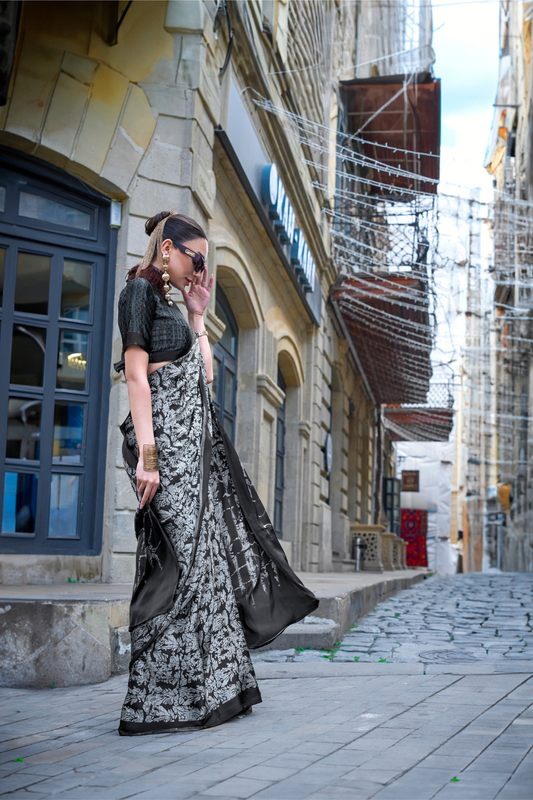 Contemporary Print Satin Crepe Saree with Chic Glossy Drape