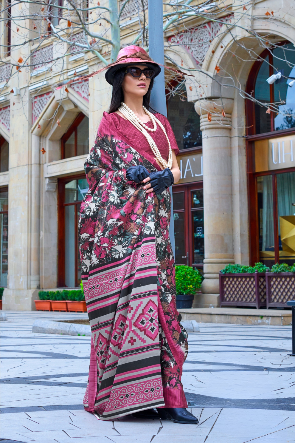 Contemporary Print Satin Crepe Saree with Chic Glossy Drape