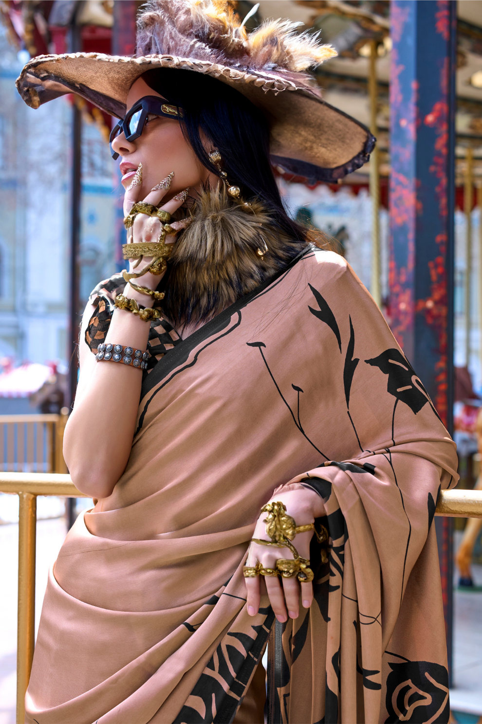 Contemporary Print Satin Crepe Saree with Chic Glossy Drape