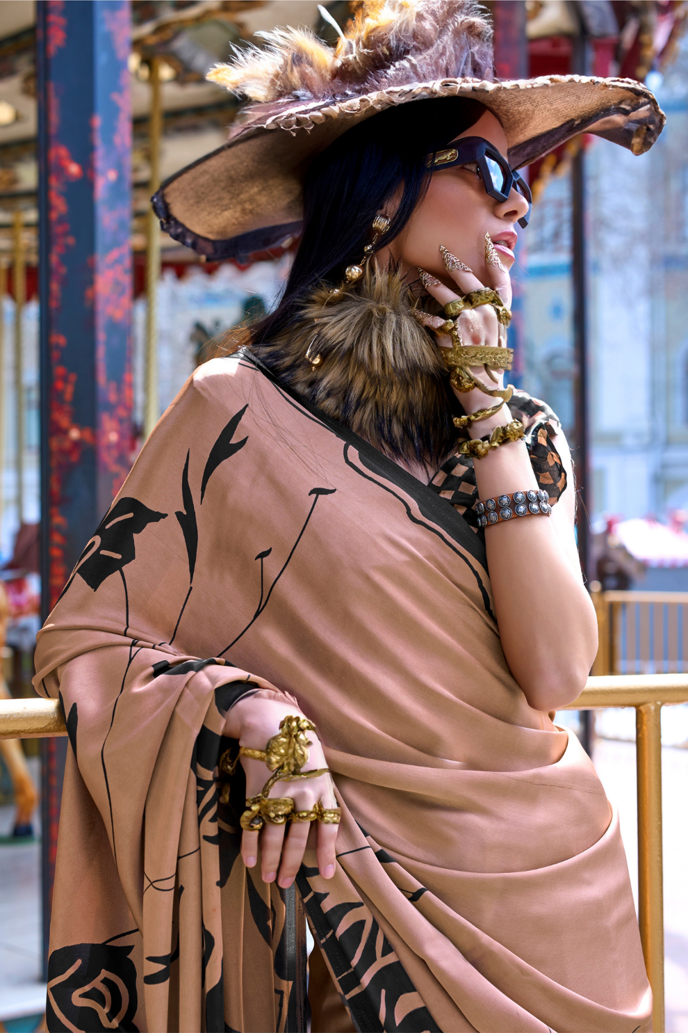 Contemporary Print Satin Crepe Saree with Chic Glossy Drape