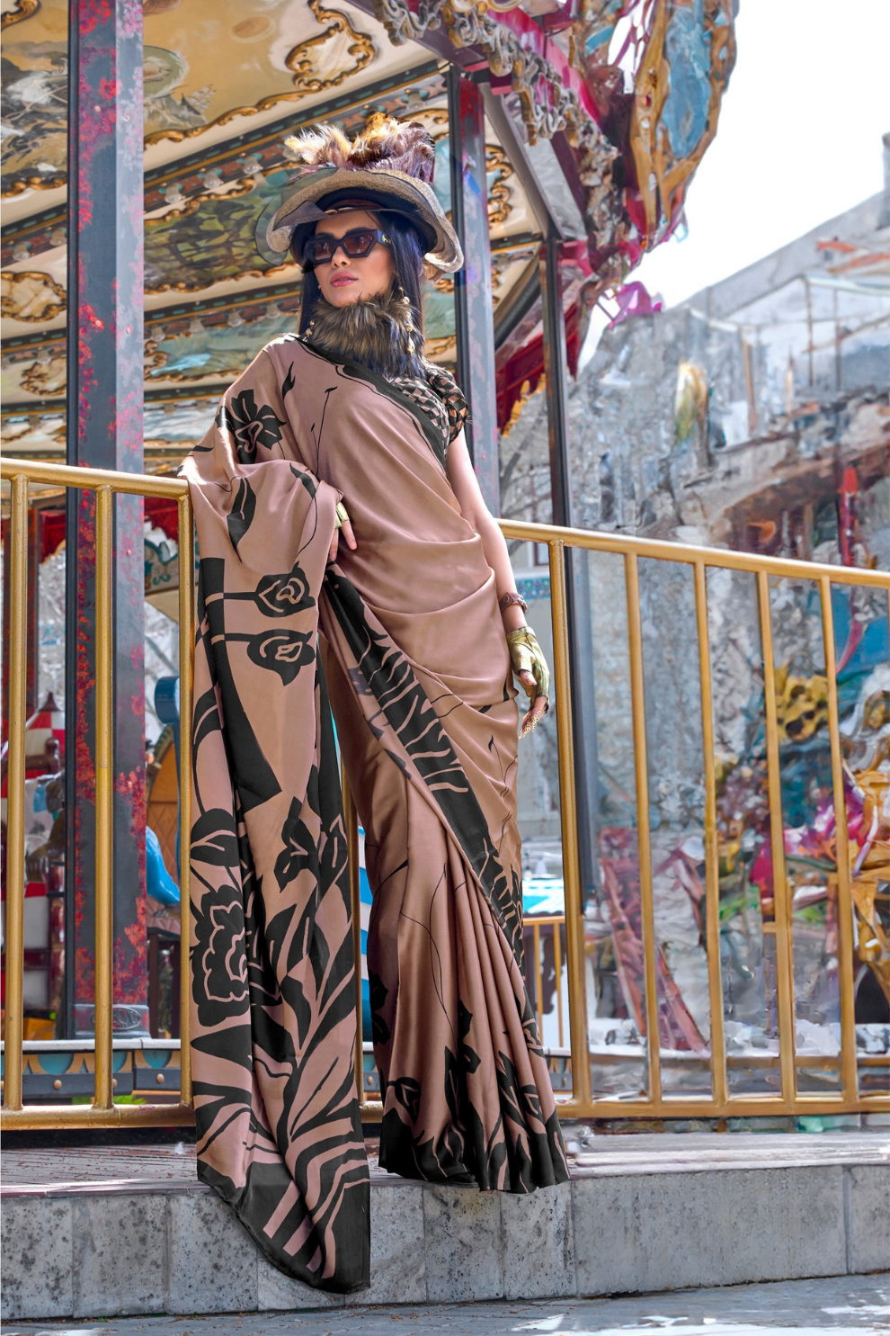 Contemporary Print Satin Crepe Saree with Chic Glossy Drape