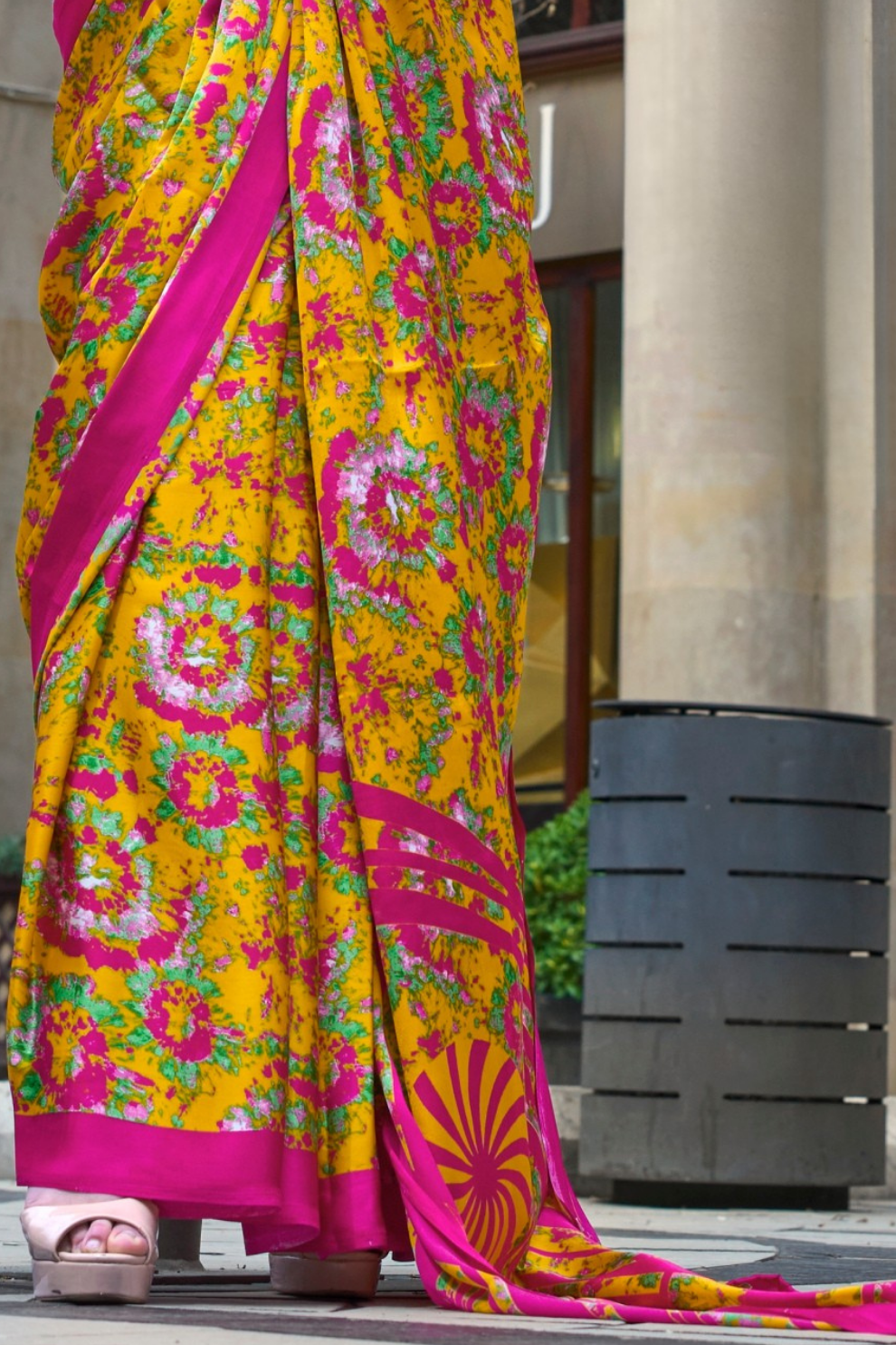 Contemporary Print Satin Crepe Saree with Chic Glossy Drape