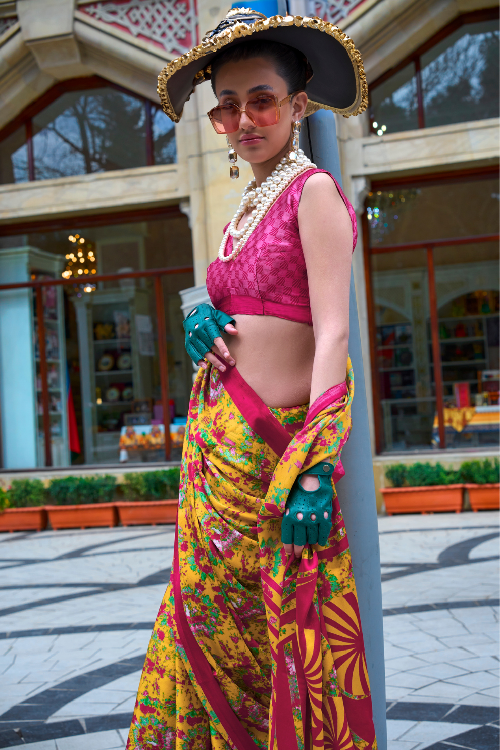 Contemporary Print Satin Crepe Saree with Chic Glossy Drape